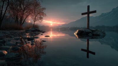 Large Vecteezy Cross Reflecting On Tranquil Lake At Sunset Near Mountains 66443327 Large 400x225
