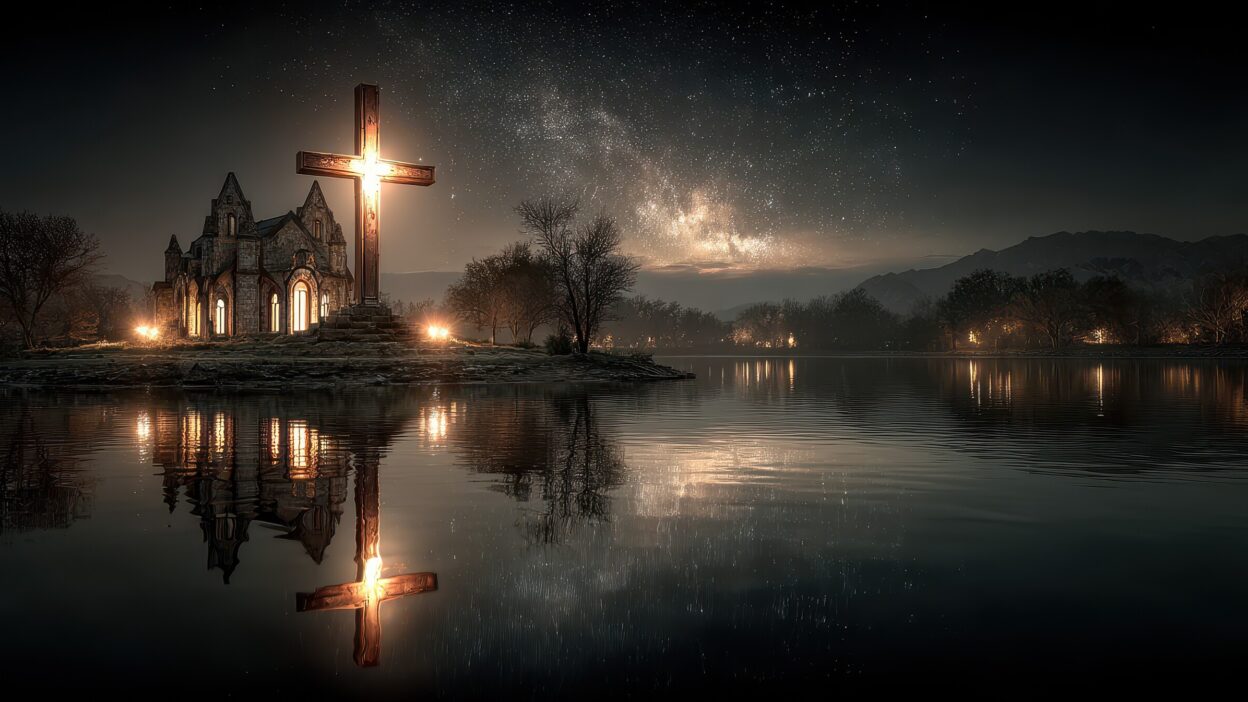 Large Vecteezy Majestic Illuminated Cross Beside Ancient Church Reflecting 66448010 Large 1248x702