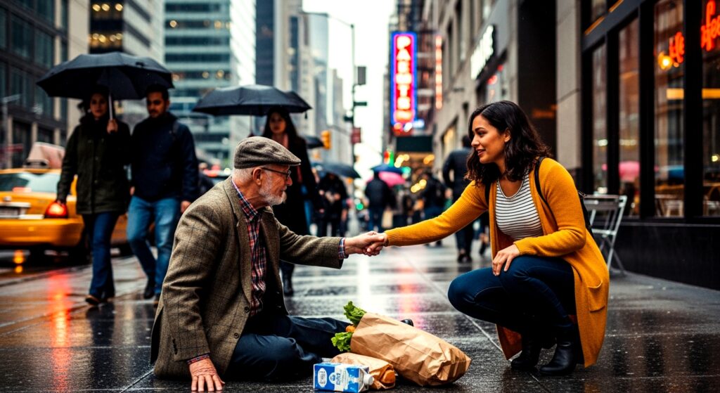 Large Vecteezy Woman Helping Homeless Man On City Street Compassion And 70587382 Large 1024x559