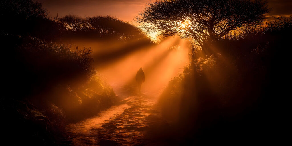 Large Vecteezy A Lone Person Walks A Misty Path Surrounded By Dark Trees 73563578 Large 1024x512
