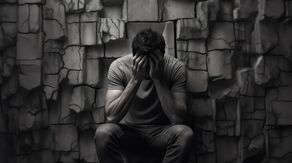 Large Vecteezy A Man Is Sitting In Front Of A Stone Wall His Hands 46883885 Large