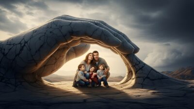 Large Vecteezy Family Sheltered By Giant Protective Stone Hands 71884826 Large 400x225