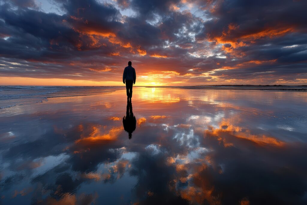 Large Vecteezy Lone Figure Walks On Reflective Beach At Sunset Under 70143884 Large