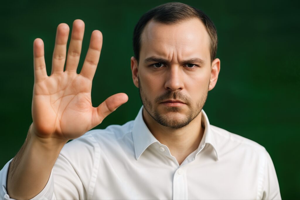 Large Vecteezy Portrait Of A Serious Man Indoors With A Stop Gesture 73214401 Large 1024x683