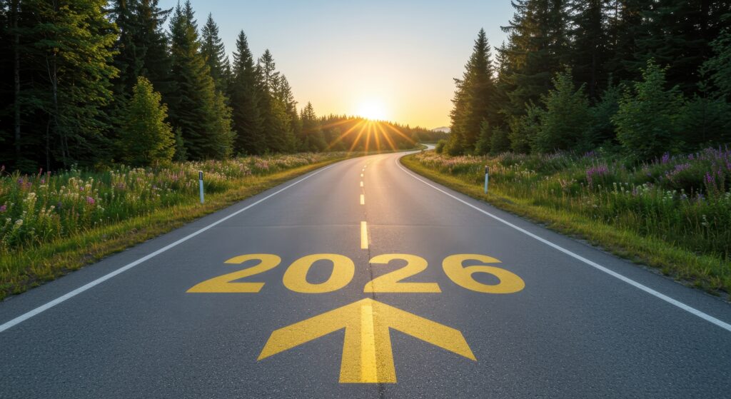 Large Vecteezy Road To 2026 With Forward Arrow And Sun Rising On The 65453013 Large 1