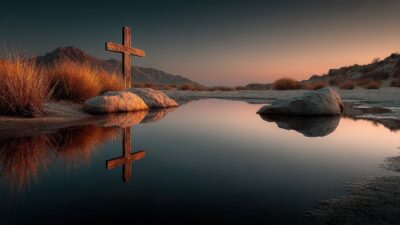 Large Vecteezy Serene Landscape At Dusk With A Wooden Cross Reflecting In 66442821 Large 400x225