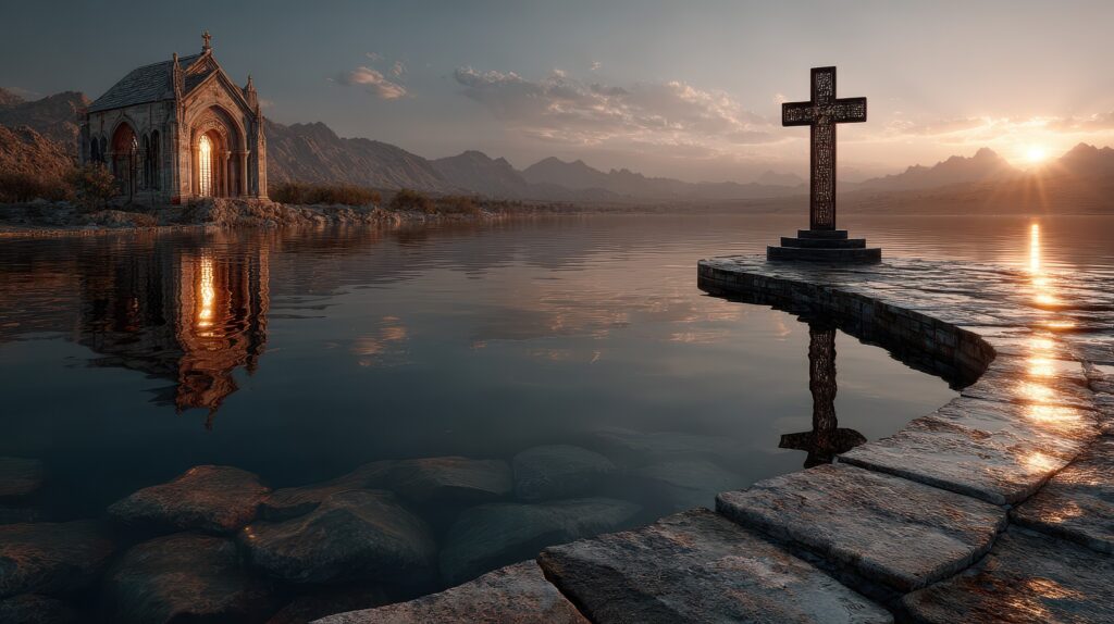Large Vecteezy Sunset Over Serene Lake With Ancient Structure And Cross 66311548 Large 1024x574