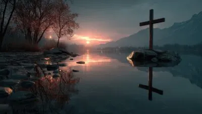 Large Vecteezy Cross Reflecting On Tranquil Lake At Sunset Near Mountains 66443327 Large
