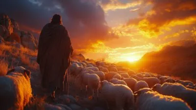 Vecteezy A Man Walking With Sheep In The Desert At Sunset 56040081