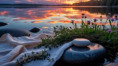 Large Vecteezy Calm Lakeside Scene With Sunset Reflection Stone Cloth And 66938288 Large