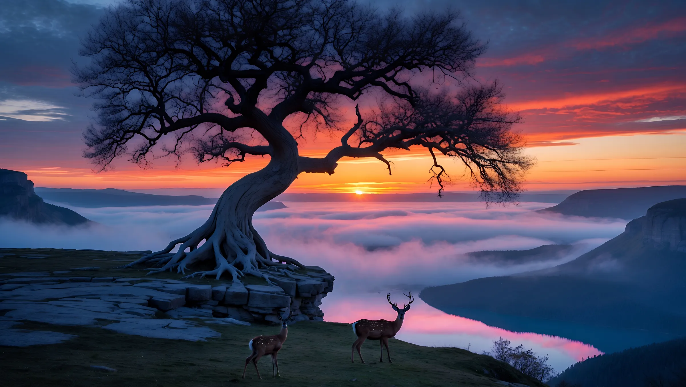 Large Vecteezy Deer Standing Beneath Tree Viewing Sunset Over Mountain 69886480 Large 1