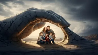 Large Vecteezy Family Sheltered By Giant Protective Stone Hands 71884826 Large